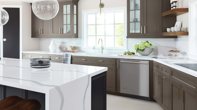 Discover a sleek, contemporary kitchen featuring white quartz countertops, stainless steel appliances, and stylish cabinetry. Perfect for modern living.